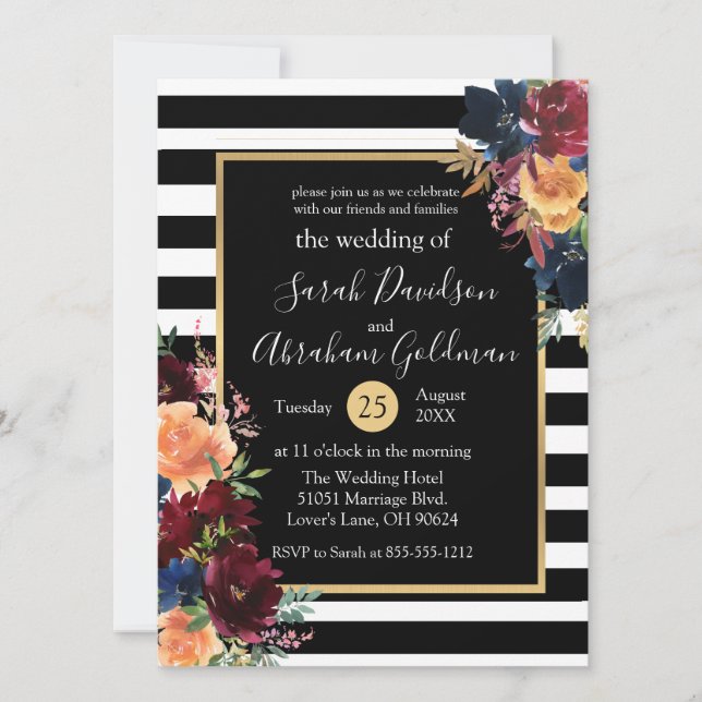 Invitación Rayas negras y blancas floridas Boda de la Marina  (Anverso)