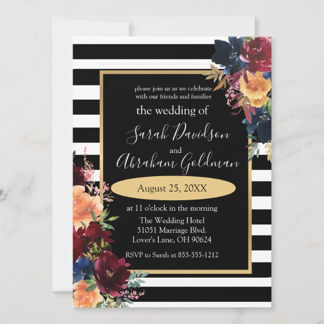 Invitación Rayas negras y blancas floridas Boda de la Marina  (Anverso)