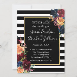 Invitación Rayas negras y blancas floridas Boda de la Marina 