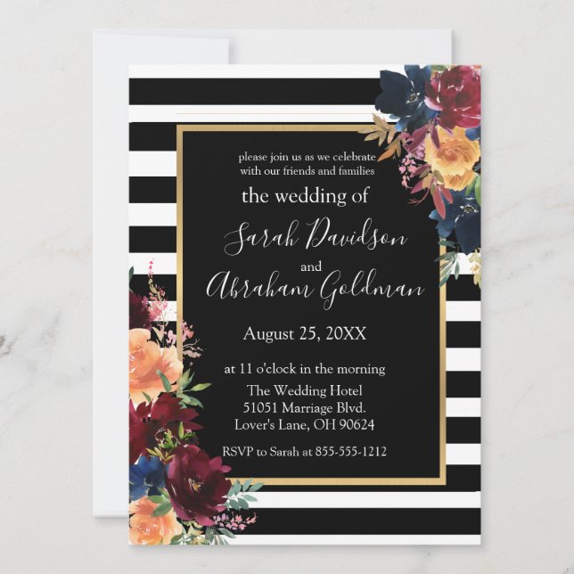 Invitación Rayas negras y blancas floridas Boda de la Marina  (Anverso)