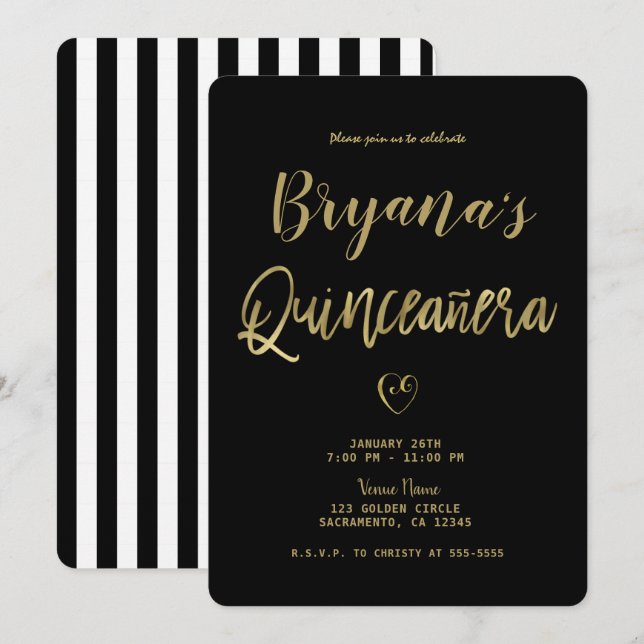 Invitación Rayas Negras y Blancas Gold Chic 15 Quinceañera (Anverso / Reverso)