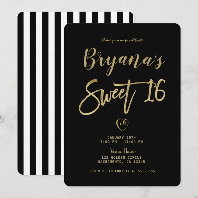 Invitación Rayas Negras y Blancas Gold Chic Moderno Dulce 16  (Anverso / Reverso)