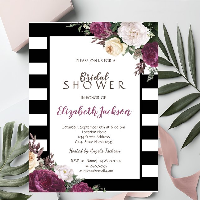 Invitación Rayas Negras y Blancas Lluvia de Flores para Despe (Subido por el creador)