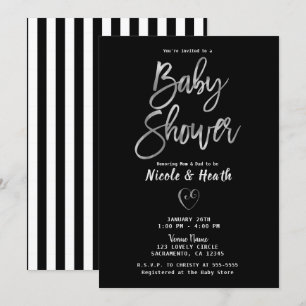 Invitación Rayas Negras y Blancas Plateado Chic Baby Shower