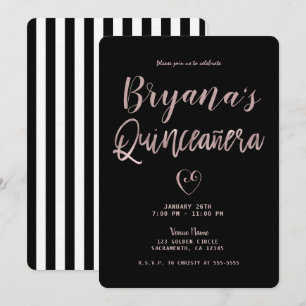 Invitación Rayas Negras y Blancas Rosa Dorado 15 Quinceañera