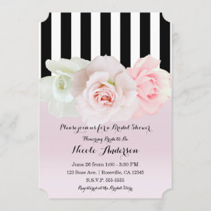 Invitación Rayas Negras y Blancas Rosas Rosadas Desayuno de N