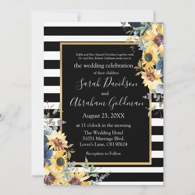 Invitación Rayas negras y blancas Sunflower Boda judío (Anverso)