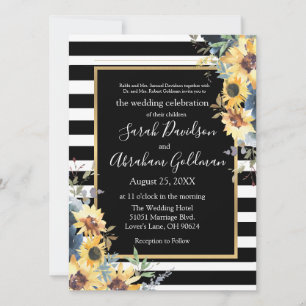 Invitación Rayas negras y blancas Sunflower Boda judío