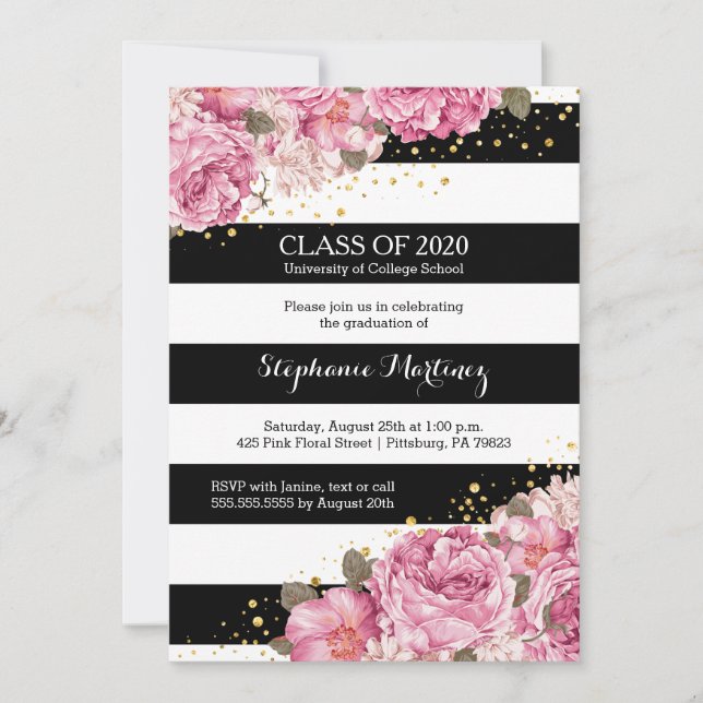 Invitación Rayas negras y blancas y graduación floral rosa (Anverso)