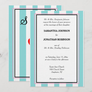 Invitación Rayas playeras azules blancas y rosadas para boda 