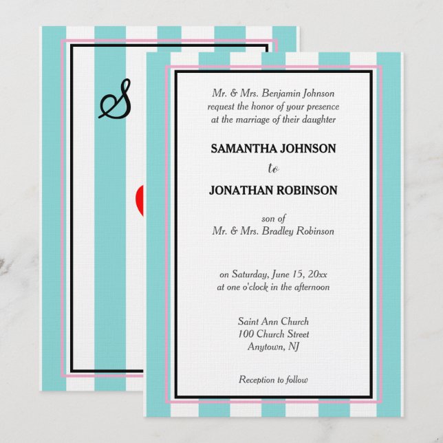Invitación Rayas playeras azules blancas y rosadas para boda  (Anverso / Reverso)