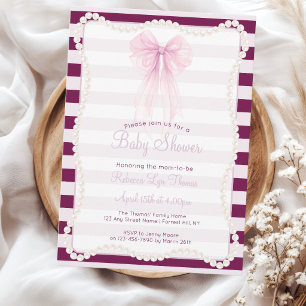 Invitación Rayas Preppy Lazo Rosa Perlas Fiesta de Bebé