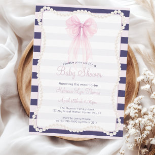 Invitación Rayas Preppy Lazo Rosa Perlas Fiesta de Bebé