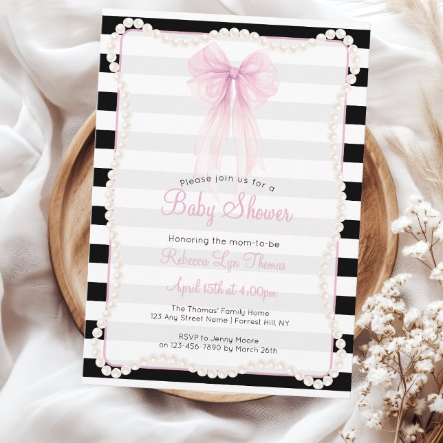 Invitación Rayas Preppy Lazo Rosa Perlas Fiesta de Bebé (Subido por el creador)