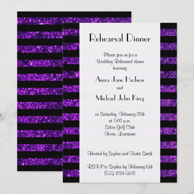 Invitación Rayas púrpuras, rayas Purpurinas, cena de ensayo (Anverso / Reverso)