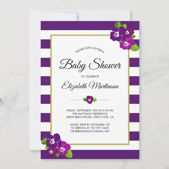 Invitación Rayas púrpuras violeta pansies floral Baby Shower (Anverso)