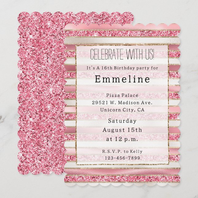 Invitación Rayas Purpurinas de Pearl Rosa Girly (Anverso / Reverso)