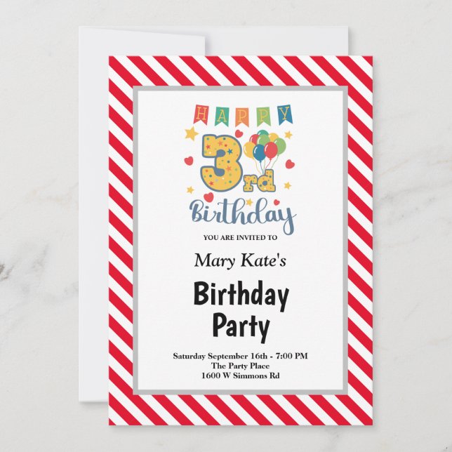 Invitación Rayas rojas/blancas enmarcadas en Fiesta de cumple (Anverso)