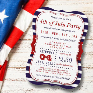 Invitación Rayas Rojas, Blancas Y Azules 4 De Julio Fiesta