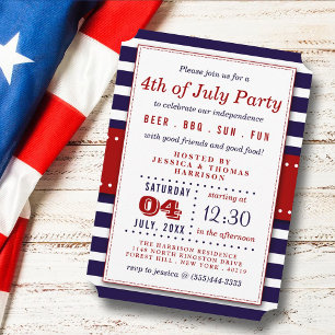 Invitación Rayas Rojas, Blancas Y Azules 4 De Julio Fiesta