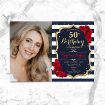 Invitación Rayas rojas Navy franjas blancas foto 50 cumpleaño<br><div class="desc">Elegante invitación de 50 años floral femenina con tu foto. El diseño rojo blanco de la marina Glam con el oro falso purpurina. Presenta rayas azul marino y blanco, rosas rojas, letra de guión y confeti. Perfecto para un elegante fiesta de celebración de cumpleaños. Personaliza con tus propios detalles. ¡Se...</div>