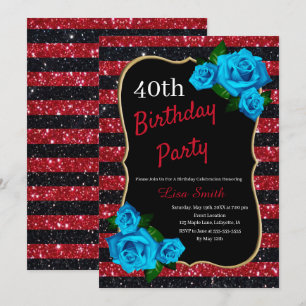 Invitación Rayas rojas y negras de cumpleaños con rosas azule