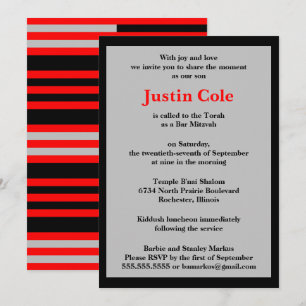 Invitación Rayas rojas y plateadas en Bar Mitzvah negro