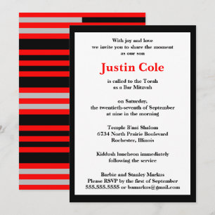 Invitación Rayas rojas y plateadas en Bar Mitzvah negro