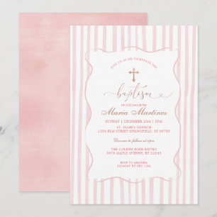 Invitación Rayas Rosa Claro Bautizo para Niña