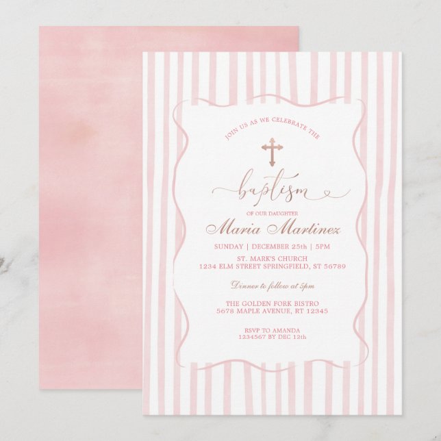 Invitación Rayas Rosa Claro Bautizo para Niña (Anverso / Reverso)