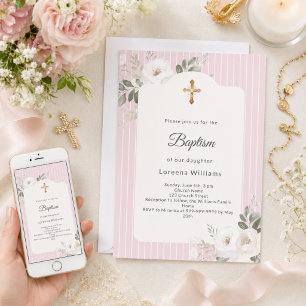 Invitación Rayas rosa rubor flores blancas niña Bautizo