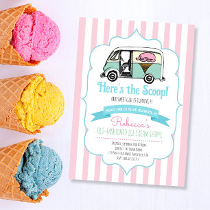 Invitación Rayas Rosadas Aquí Está la Scoop Helado Cumpleaños