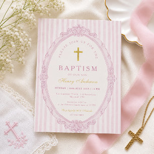 Invitación Rayas rosadas Bautizo de niña elegante vintage