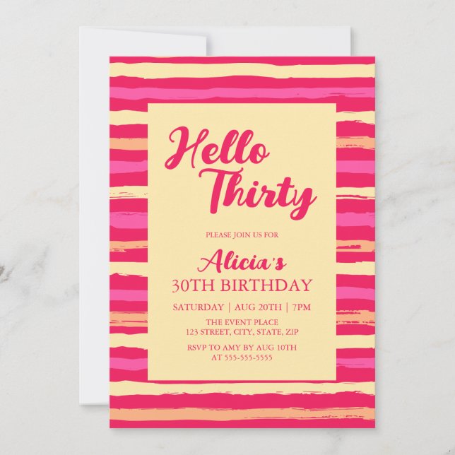 Invitación Rayas rosadas coloridas Hola Treinta Giras Cumplea (Anverso)