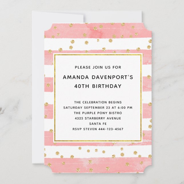 Invitación Rayas rosadas de Rubor con cumpleaños de Confetti  (Anverso)