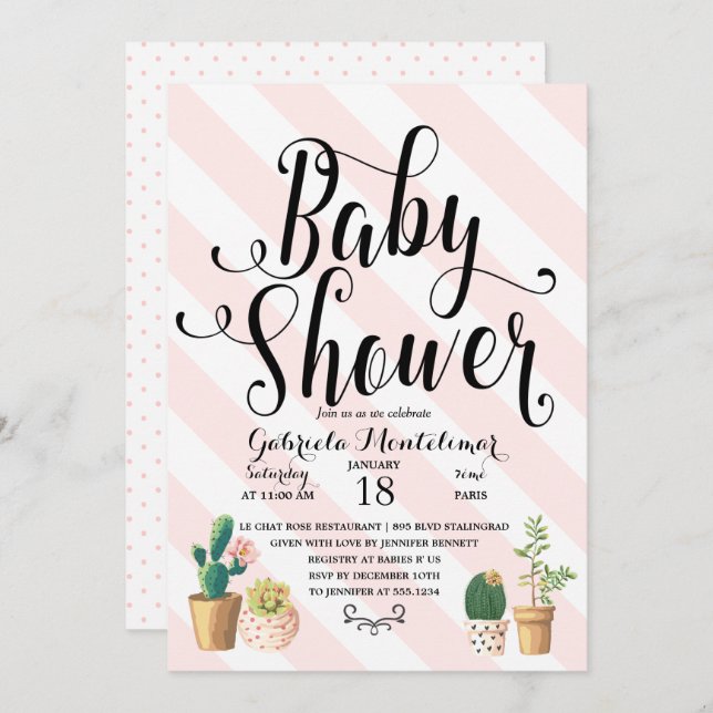 Invitación Rayas rosadas El Amor Crece Dulce Cactus Baby Show (Anverso / Reverso)