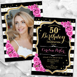 Invitación Rayas rosadas en franjas blancas negras foto 50 cu<br><div class="desc">Elegante invitación de 50 años floral femenina con tu foto al fondo de la tarjeta. Diseño rosa blanco y negro brillante con oro falso purpurina. Presenta rayas blancas y negras, rosas rosas rosas rosas negras, tipo de letra de guión y confeti. Perfecto para un elegante fiesta de celebración de cumpleaños....</div>