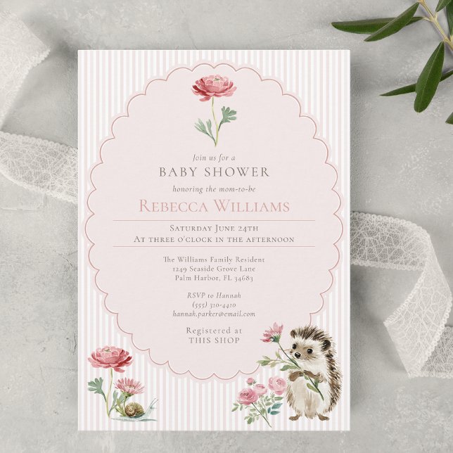 Invitación Rayas Rosadas Erizo del Bosque Shower de Bebé (Subido por el creador)