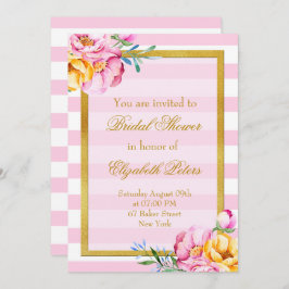 Invitación Rayas rosadas marco dorado flor ducha de novia
