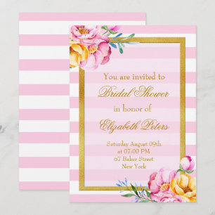 Invitación Rayas rosadas marco dorado flor ducha de novia