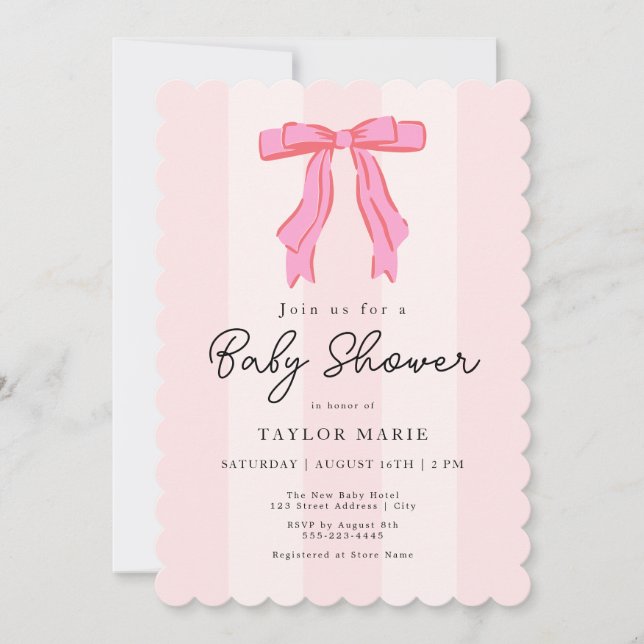 Invitación Rayas rosadas modernas Coquette Bow Baby Shower (Anverso)