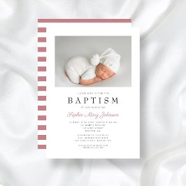 Invitación Rayas rosadas modernas Elegante foto de bautismo C