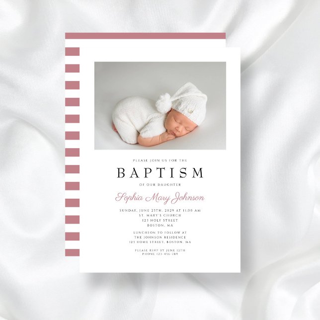 Invitación Rayas rosadas modernas Elegante foto de bautismo C (Modern Pink Stripes Elegant Girl Baptism Photo Invitation)