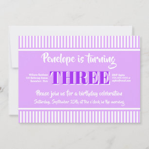 Invitación Rayas rosadas Morado tercer Fiesta de cumpleaños