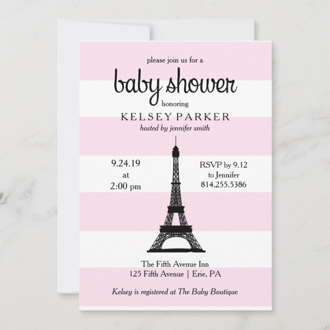Invitación Rayas rosadas parisinas Torre Eiffel Baby Shower (Anverso)