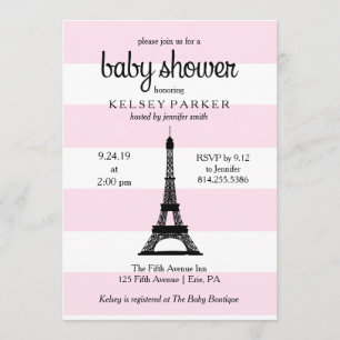 Invitación Rayas rosadas parisinas Torre Eiffel Baby Shower
