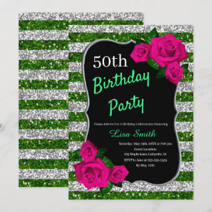 Invitación Rayas rosadas Purpurina de rayas verdes de plata d