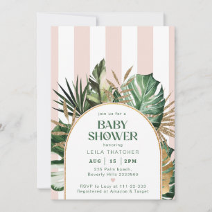 Invitación rayas rosadas retro palmera playa ducha bebé