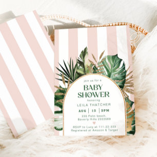 Invitación rayas rosadas retro palmera playa ducha bebé