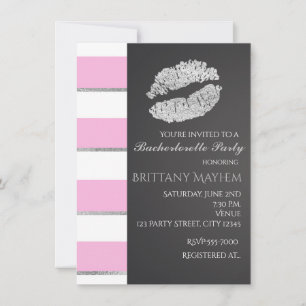 Invitación Rayas rosadas y blancas Besos de labios de plata f